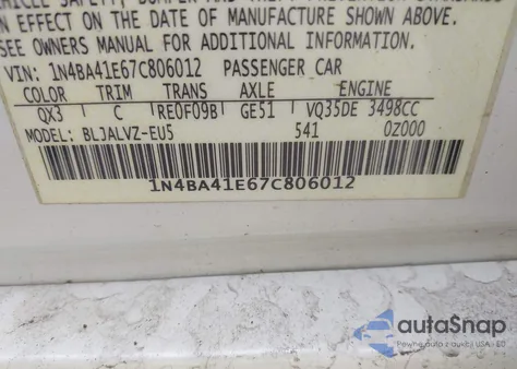 2007 Nissan Maxima 3.5 Se z USA, uszkodzony, nr VIN 1N4BA41E67C806012